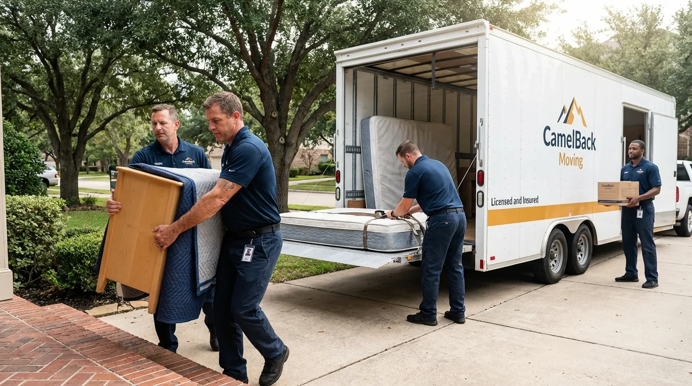 Crew loading residential truck for cross-state move from Bryan, TX