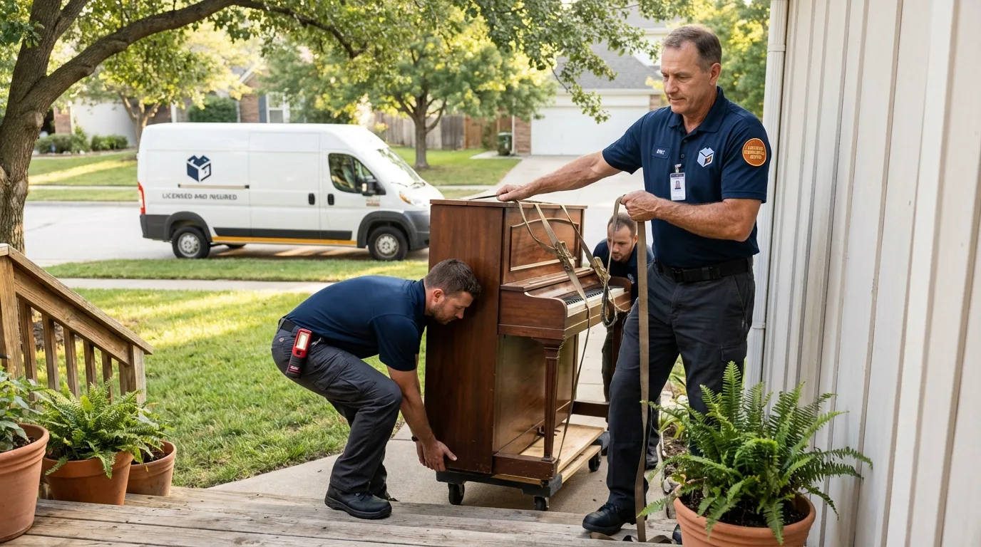 Licensed piano movers securing grand piano in Bryan, TX