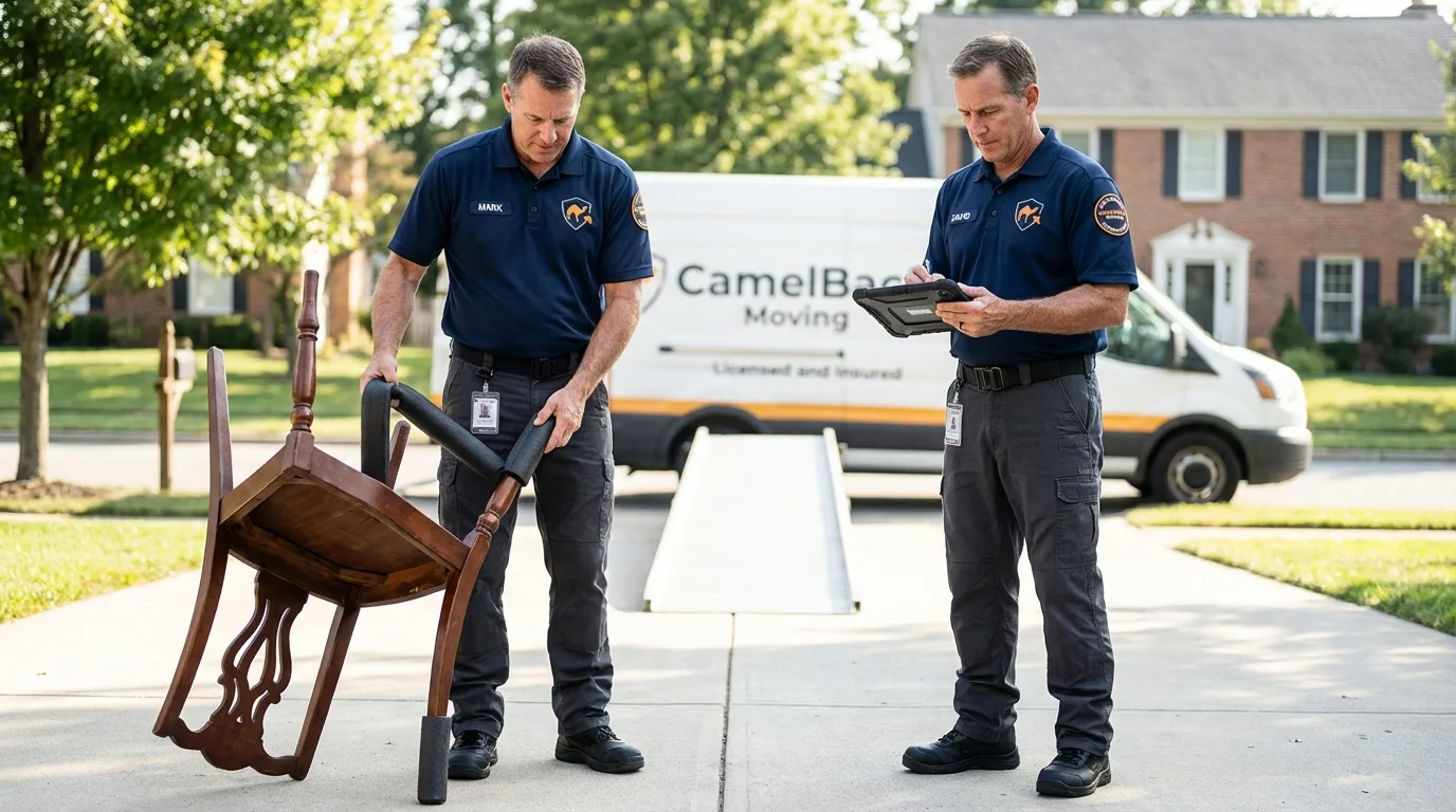 Movers inspecting furniture for damage prevention before loading in Bryan, TX
